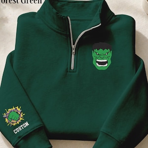 Moletom com zíper até o peito e nome personalizado bordado do Hulk, pulôver personalizado de super-herói, moletom com zíper e logo personalizado do Hulk, inspirado na Marvel.