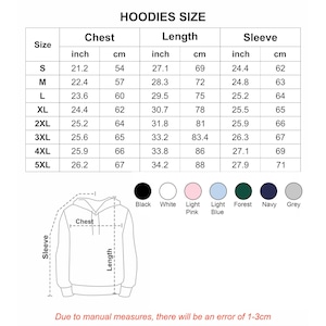 Pode incluir: Tabela de tamanhos de hoodies, detalhando as medidas do peito, comprimento e manga em polegadas e cent&iacute;metros. Tamanhos de S a 5XL. Op&ccedil;&otilde;es de cores: preto, branco, rosa claro, azul claro, floresta, marinho e cinza.