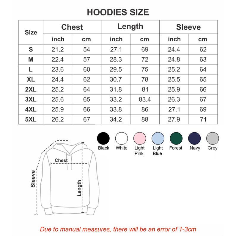 Pode incluir: Tabela de tamanhos de hoodies, detalhando as medidas do peito, comprimento e manga em polegadas e cent&iacute;metros. Tamanhos de S a 5XL. Op&ccedil;&otilde;es de cores: preto, branco, rosa claro, azul claro, floresta, marinho e cinza.