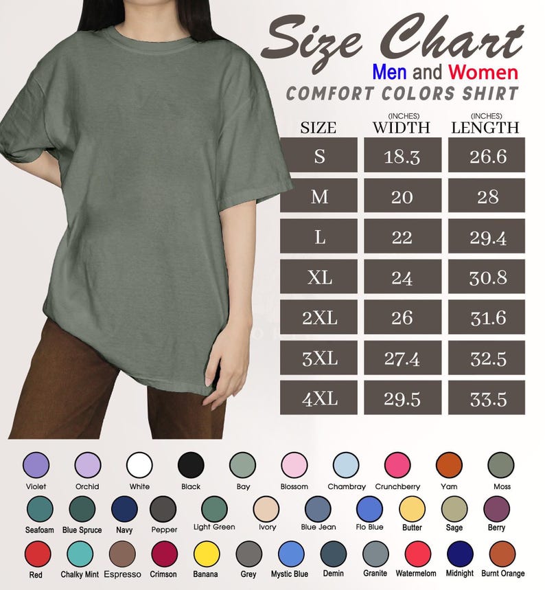 May include: A sage green Comfort Colors shirt with a size chart. The chart lists sizes S to 4XL, with corresponding width and length measurements in inches. Color options include violet, orchid, white, black, and more.