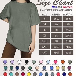 May include: A sage green Comfort Colors t-shirt with a size chart. The chart lists sizes S to 4XL with width and length measurements in inches. Color options include violet, orchid, white, and black.