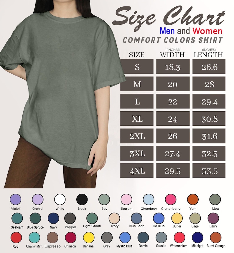 May include: A sage green Comfort Colors t-shirt with a size chart. The chart lists sizes S to 4XL with width and length measurements in inches. Color options include violet, orchid, white, and black.