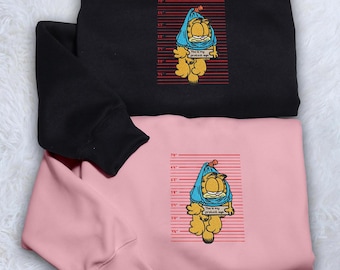 Orange Cat Embroidered Sweatshirt Gift Embroidered Handmade Cute Unisex Crewneck Long Sleeve Pullover Sweater Gifts