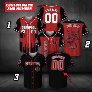 May include: A collection of custom baseball jerseys featuring Deadpool graphics, red and black color schemes, button-front closures, and customizable name and number fields. The designs include vertical stripes, city silhouettes, and character illustrations.