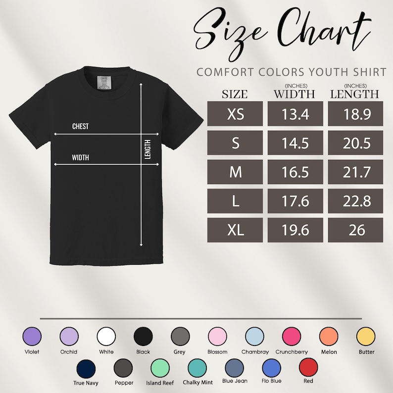May include: A black Comfort Colors youth shirt with a size chart. The chart lists sizes XS to XL, with corresponding width and length measurements in inches. Color options include violet, orchid, white, black, and more.