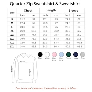 Pode incluir: Tabela de tamanhos para sweatshirts com fecho de um quarto e sweatshirts, detalhando as medidas do peito, comprimento e manga em polegadas e cent&iacute;metros. Os tamanhos dispon&iacute;veis variam de S a 5XL. As op&ccedil;&otilde;es de cores incluem preto, branco, rosa claro, azul claro, floresta, marinho e cinza.