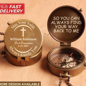 Baptism Gift for Grandson, First Communion Gift, First Holy Communion Gift, Confirmation Gift for Boy, Engraved Brass Compass, Gift for Him