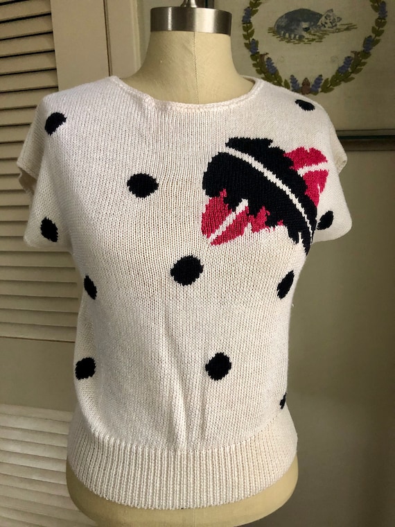 80s Black and White Dots and Feathers Sweater - image 1