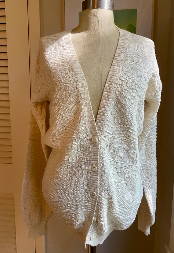 90s Long Chunky Cable-knit White Cardigan S