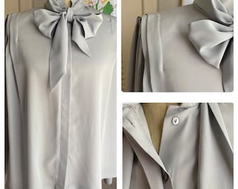 1980s Dove Gray Blouse with Matching Bow Tie and Structured Shoulders