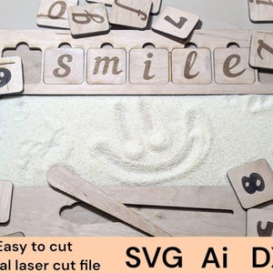 Holztablett SVG pdf jpg dxf ai Laser Holz Sand Pauschen Tablett Montessori inspiriert Vorschule lernen homeschool ABC lesen Rechtschreibung schreiben