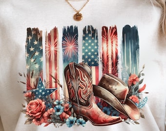 4. Juli Western Pinselstrich PNG Design + SVG für Sublimationsdesign Digitaler Download Amerikanisches Cowgirl Hut und Stiefel