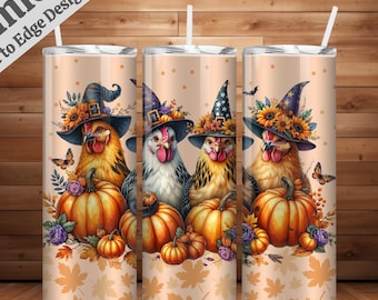 Seamless Halloween Chickens PNG + SVG  for 20 oz Skinny Tumbler Wrap Sublimation Design Digital Download Fall Chicken Witch Hat