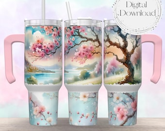 Envoltura para vaso de 40 oz con diseño de flor de cerezo japonesa - Diseños de sublimación para vaso con diseño de flor de Sakura - Descarga PNG de envoltura para vaso con sublimación