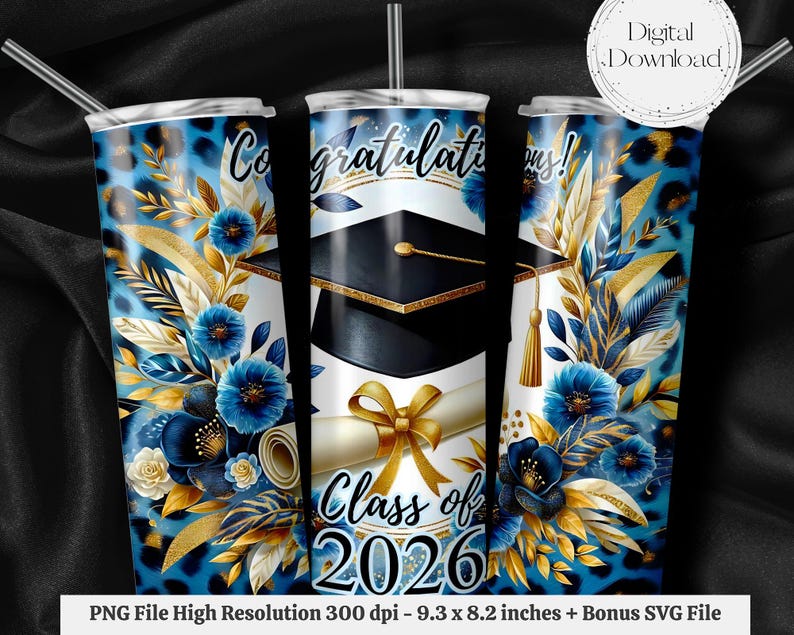 Class of 2026 Graduation Seamless PNG + SVG for 20 Oz Skinny Tumbler ...