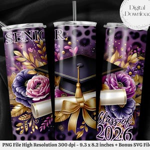 Seamless Senior Class of 2026 PNG + SVG  for 20 oz Skinny Tumbler Wrap Sublimation Design Digital Download Bonus 6 Free PNG Purple Leopard