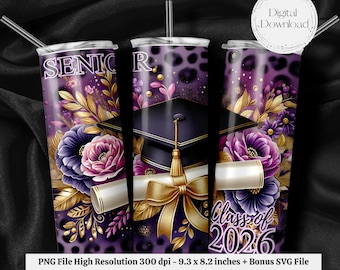Seamless Senior Class of 2026 PNG + SVG  for 20 oz Skinny Tumbler Wrap Sublimation Design Digital Download Bonus 6 Free PNG Purple Leopard