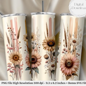 May include: Three stainless steel tumblers with a white background and a floral design featuring sunflowers and small pink flowers. The design has a watercolor effect and includes brushstrokes in shades of pink and brown.