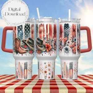 4 luglio American Cowboy Brushstroke 40oz Tumbler Wrap Design per sublimazione Scarica PNG Tumbler per sublimazione Stivali da cowgirl e cappello