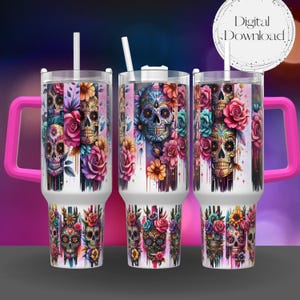 Diseño de sublimación para envoltorio de vaso de 40 oz con diseño de calavera de azúcar del Día de los Muertos Descarga PNG Vaso de sublimación con envoltorio de asa Calaveras del Día de los Muertos