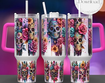 Sugar Skull Day of the Dead 40oz Tumbler Wrap Sublimation Design Download PNG Sublimation Tumbler with Handle Wrap Dia De Los Muertos Skulls
