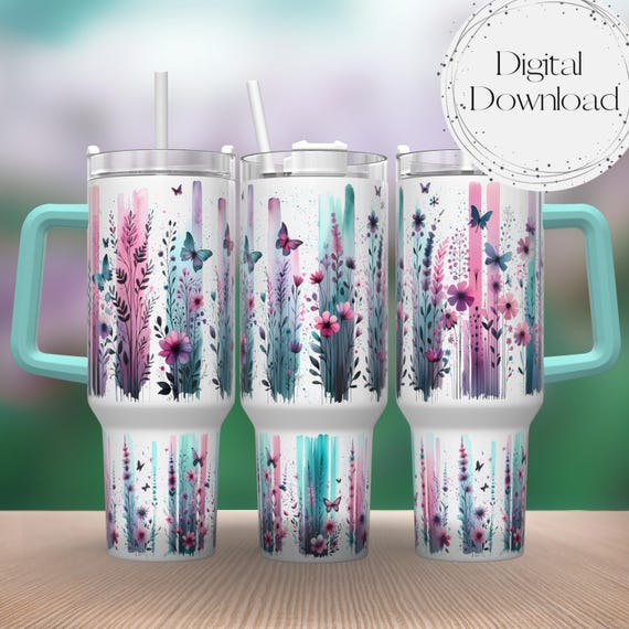 Butterfly Watercolor Brushstroke 40oz Tumbler Wrap - Tumbler Sublimation Designs Download PNG Tumbler Butterflies and Wildflowers