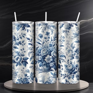 Blue Toile Floral PNG + SVG  for 20 oz Skinny Tumbler Wrap Sublimation Design Digital Download + Bonus 6 Free PNG