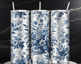 Blue Toile Floral PNG + SVG  for 20 oz Skinny Tumbler Wrap Sublimation Design Digital Download + Bonus 6 Free PNG
