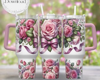 Pink Roses June Birth Flower 40oz Tumbler Wrap - Tumbler Design Sublimation Designs Download PNG Sublimation Tumbler with Handle Wrap