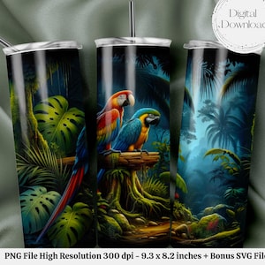 May include: A sublimation design featuring two parrots, one blue and one red, perched on a branch in a lush tropical jungle setting. The design is perfect for creating custom tumblers, mugs, or other personalised items.