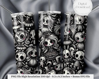 Cute But Creepy Seamless Halloween PNG + SVG  for 20 oz Skinny Tumbler Wrap Sublimation Design Digital Download Scary Baby Dolls Skeletons