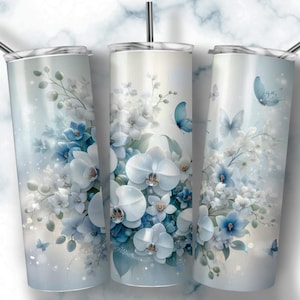 Fiori blu e bianchi senza soluzione di continuità farfalle PNG + SVG per 20 oz Skinny Tumbler Wrap Design di sublimazione Download digitale + Bonus 6 PNG gratuiti