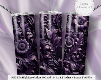 Seamless Dark Purple Floral PNG + SVG  for 20 oz Skinny Tumbler Wrap Sublimation Design Digital Download + Bonus 6 Free PNG