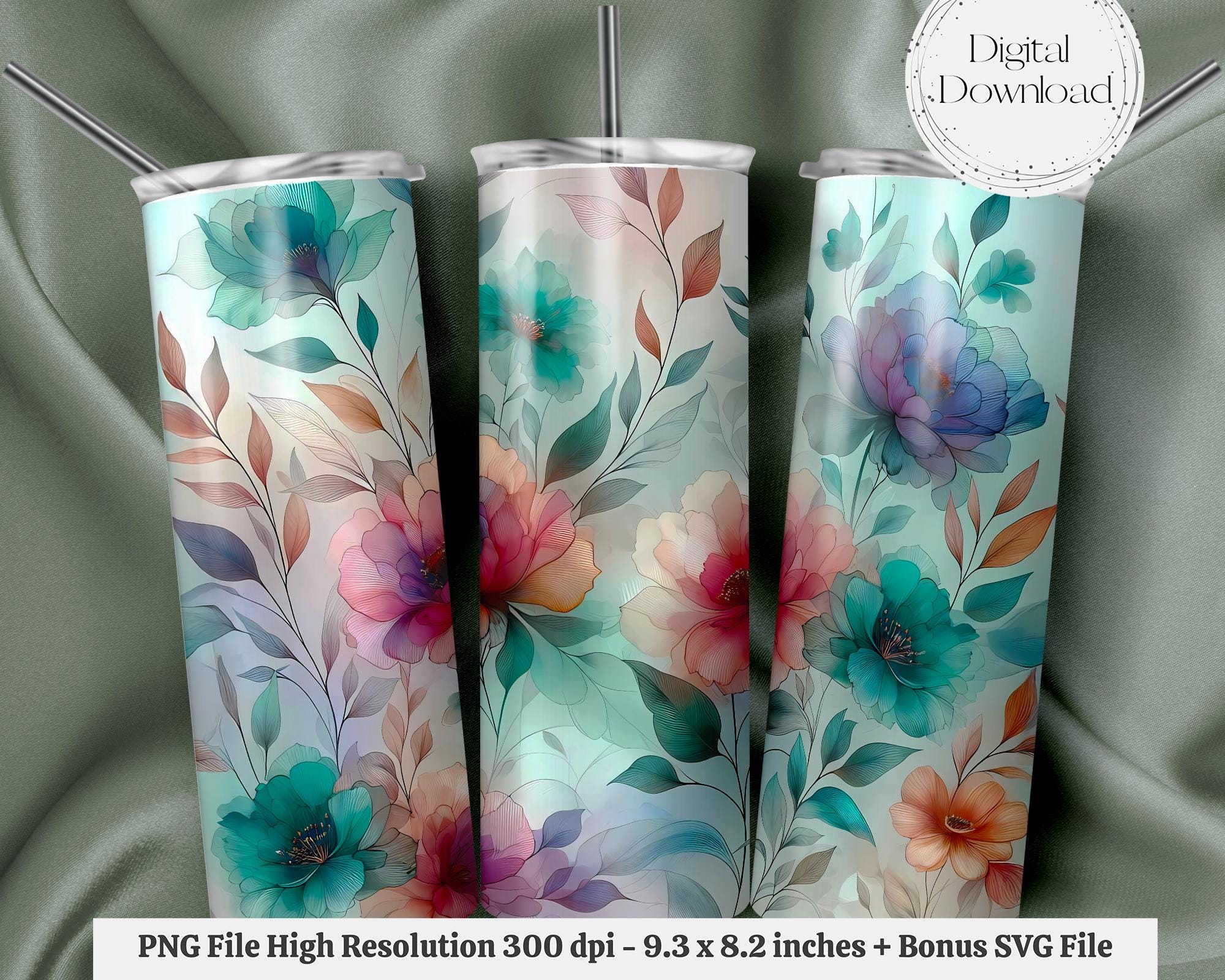 Teal Floral Seamless PNG + SVG  for 20 oz Skinny Tumbler Wrap Sublimation Design Digital Download + Bonus 6 Free PNG