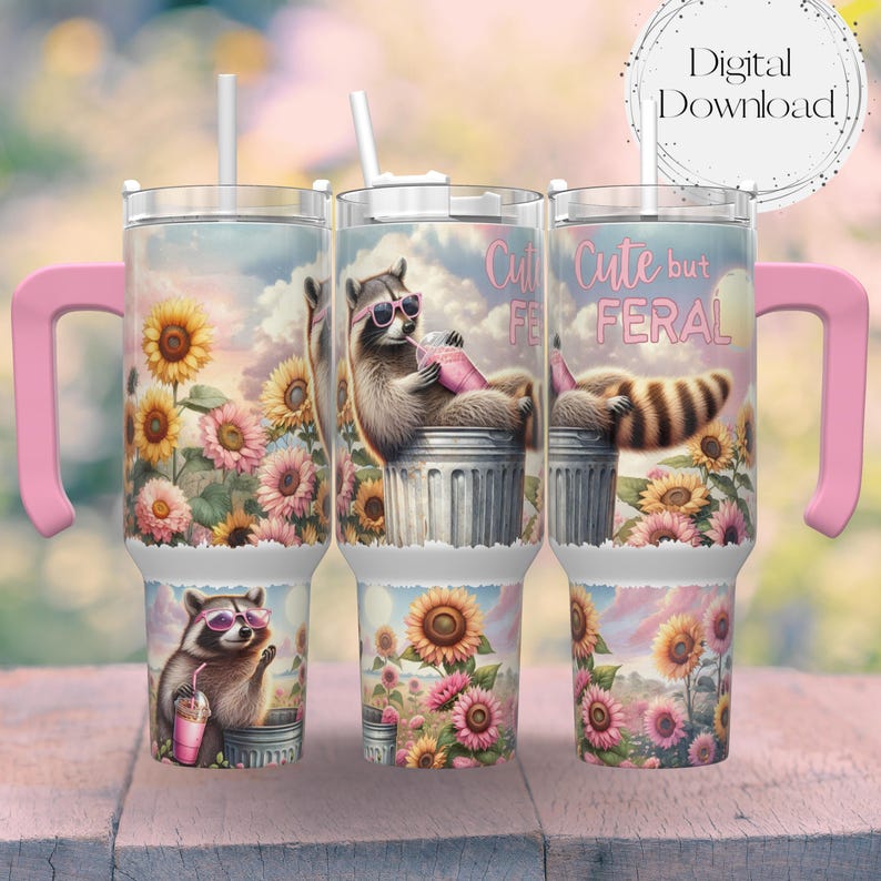 cute but feral raccoon sipping pink iced coffee drink watercolor raccoon in sunglasses pink and yellow sunflowers cute but feral seamless tumbler wrap for 40 oz tumbler wrap design for 40 ozs tumbler designer