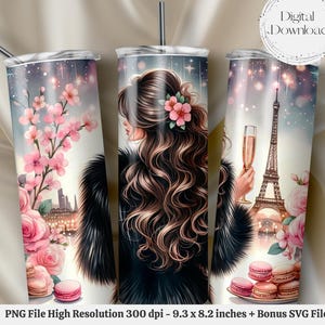 Paris Glam Tumbler Wrap France Eiffel Tower PNG + SVG  for 20 oz Skinny Tumbler Wrap Sublimation Design Digital Download + Bonus 6 Free PNG