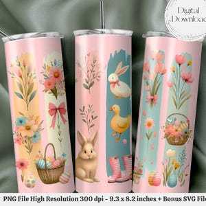 May include: Three pink and blue sublimation tumblers with a spring theme. The tumblers feature a bunny, a chick, and a basket of Easter eggs. The tumblers are 9.3 inches tall and 8.2 inches wide.