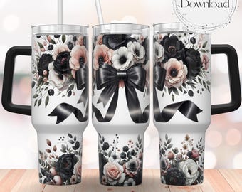 Pink and Black Flowers 40oz Tumbler Wrap PNG Seamless Tumbler Design Sublimation Designs Download PNG Sublimation Tumbler with Handle Wrap