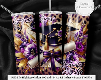 Seamless Graduation Senior 2026 PNG + SVG  for 20 oz Skinny Tumbler Wrap Sublimation Design Digital Download Bonus 6 Free PNG Purple Leopard