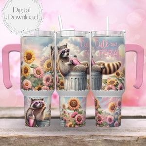 cute but feral raccoon sipping pink iced coffee drink watercolor raccoon in sunglasses pink and yellow sunflowers cute but feral seamless tumbler wrap for 40 oz tumbler wrap design for 40 ozs tumbler designer