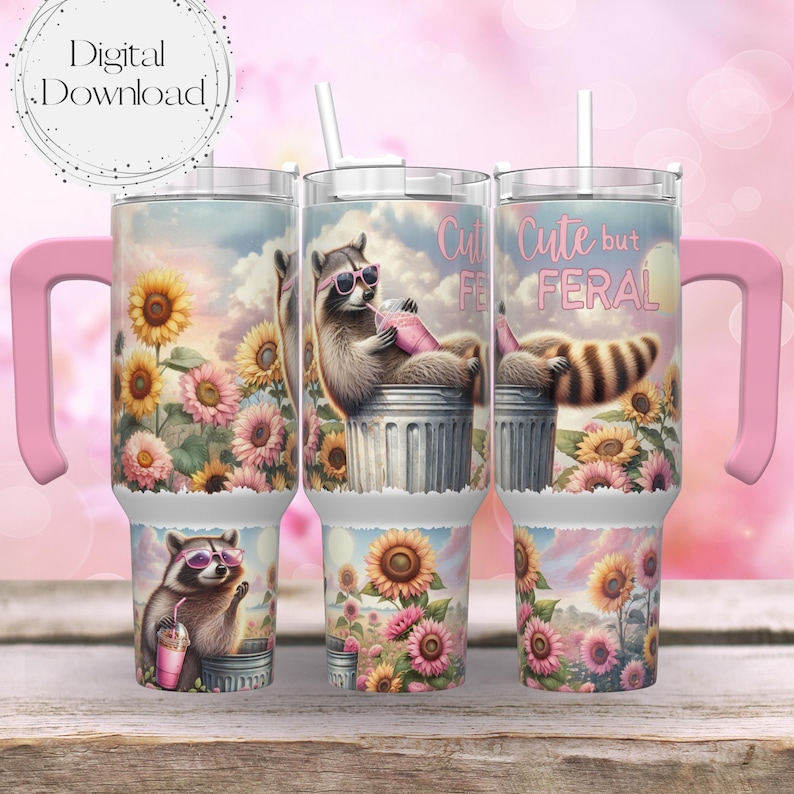 cute but feral raccoon sipping pink iced coffee drink watercolor raccoon in sunglasses pink and yellow sunflowers cute but feral seamless tumbler wrap for 40 oz tumbler wrap design for 40 ozs tumbler designer