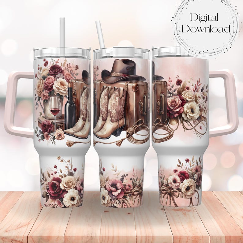 Cowgirl Romance 40oz Tumbler Wrap Western Boots and Hat Floral Tumbler ...