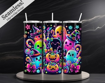 Cute Neon Ghosts Seamless Halloween PNG + SVG for 20 oz Skinny Tumbler Wrap Sublimation Design Digital Download Trick or Treat Candy Pumpkin