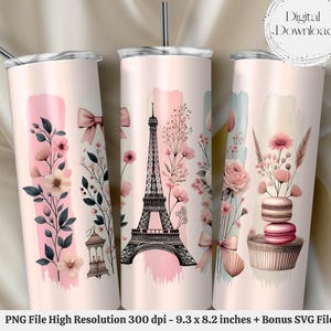 Paris Eiffel Tower Seamless PNG + SVG  for 20 oz Skinny Tumbler Wrap Sublimation Design Digital Download + Bonus 6 Free PNG France Vacation