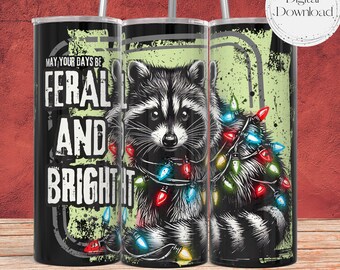 Raccoon Feral Christmas Seamless PNG + SVG 20 oz Skinny Tumbler Wrap Sublimation Design Digital Download Raccoon Feral and Bright