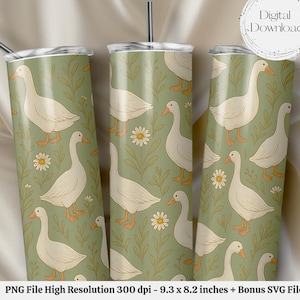 May include: Three 20 oz. insulated tumblers with a repeating pattern of white geese, daisies, and foliage on a sage green background. Each tumbler has a silver lid and a black straw. The text "Digital Download" is in a white circle.
