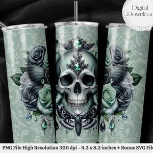 May include: A sublimation design featuring a skull with a jeweled crown, surrounded by green and black roses, butterflies, and a jeweled embellishment. The design is on a green and white patterned background.