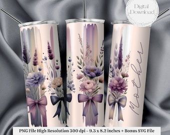 Mother Brushstroke Flowers Seamless PNG + SVG  for 20 oz Skinny Tumbler Wrap Sublimation Design Digital Download + Bonus 6 Free PNG