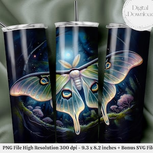 Luna Moth Aquarell PNG + SVG für 20 oz Skinny Tumble Wrap Sublimationsdesign Digitaler Download + Bonus 6 Free PNG