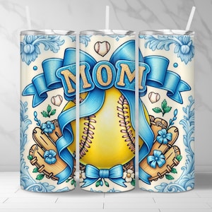 Seamless Softball Mom Coquette PNG + SVG  for 20 oz Skinny Tumbler Wrap Sublimation Design Digital Download + Bonus 6 Free PNG Blue Toile